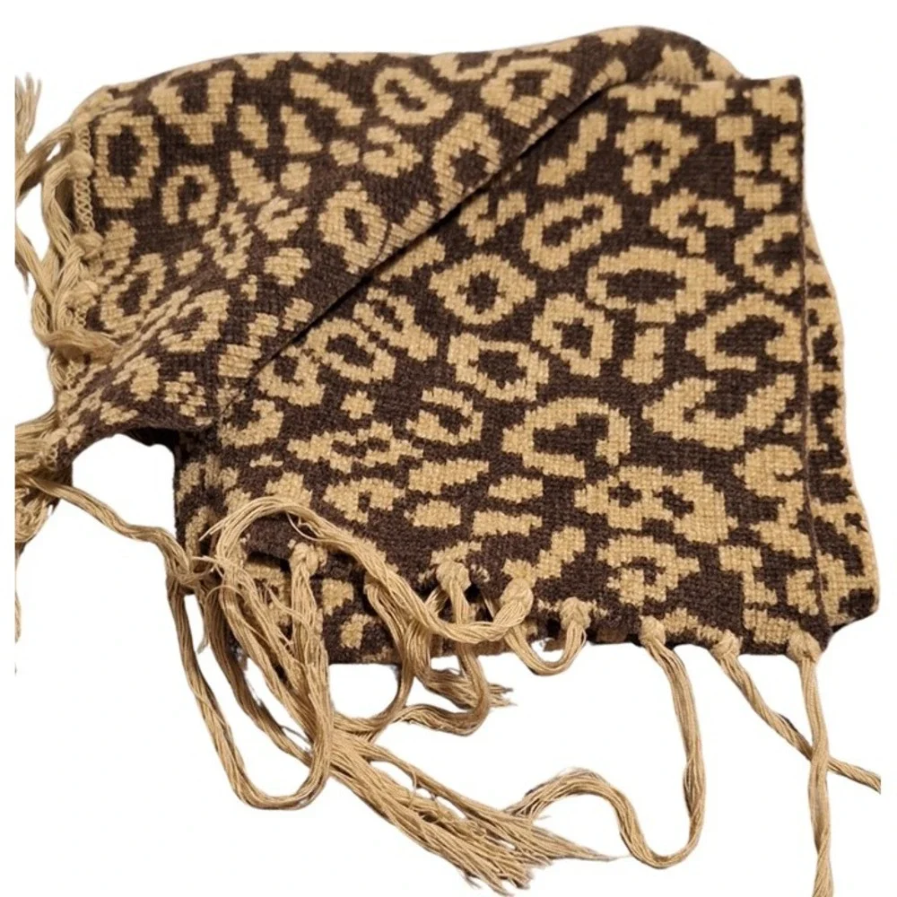 Leopard Print Womens Knit Winter Scarf‎ Brown Tan Neutral Fringe Animal Print